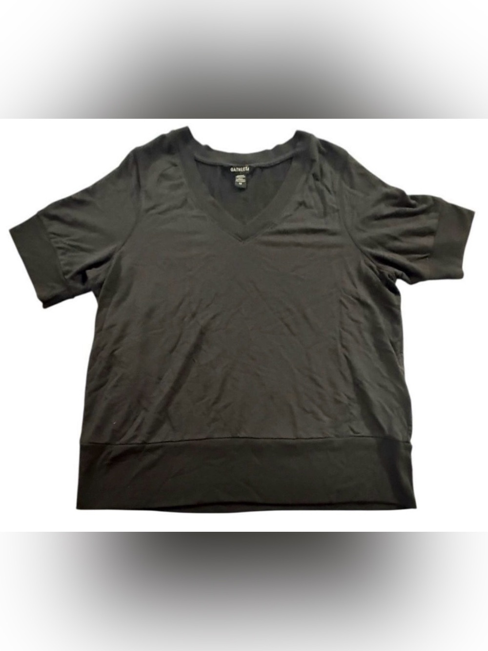 Athleta Black V-Neck Short Sleeve Rib Hem Top Sweater Sz1X FA23 Soft Stretch